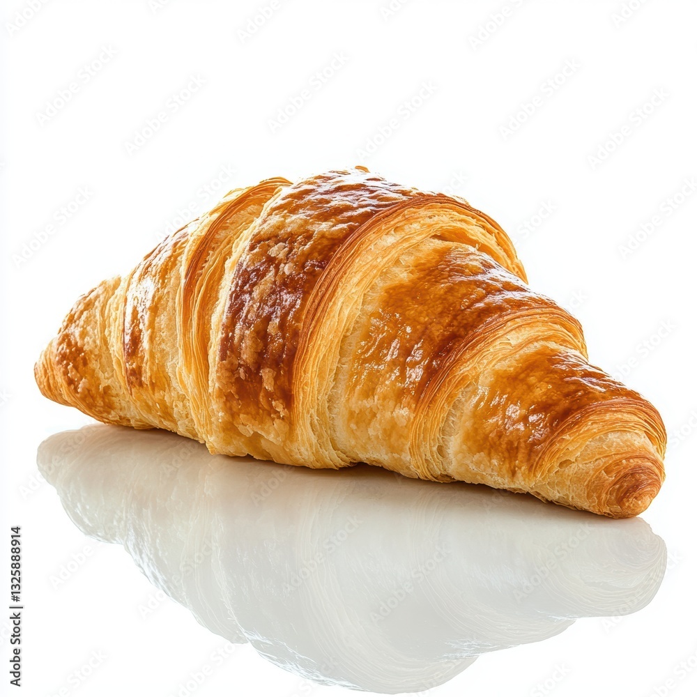 Freshly baked croissant on a reflective surface, delicious pastry ideal for breakfast or brunch, flaky texture, gourmet café, bakery food photography. Freshly baked croissant on a reflective surface, delicious pastry ideal for breakfast or brunch, flaky texture, gourmet café, bakery food photography.