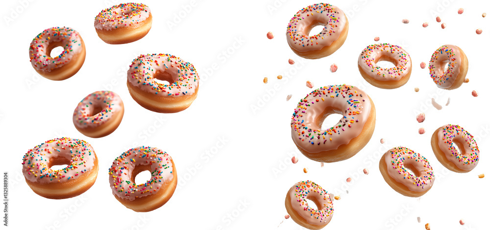 Doughnuts with sprinkles, floating in the air, isolated on a transparent background