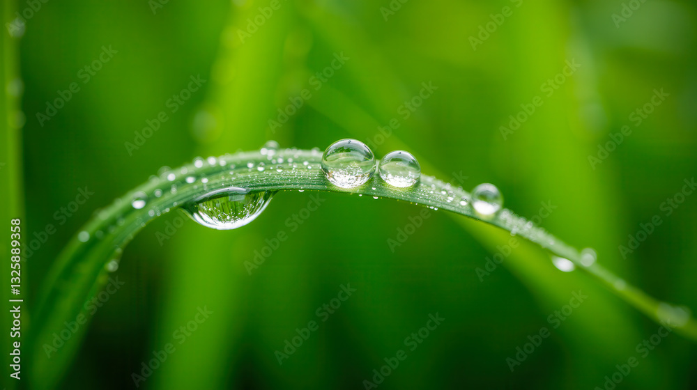 Water droplets resting on vibrant green grass blade under soft natural light, macro close up capturing morning freshness and dew with blurred background outdoor Water droplets resting on vibrant green grass blade under soft natural light, macro close up capturing morning freshness and dew with blurred background outdoor