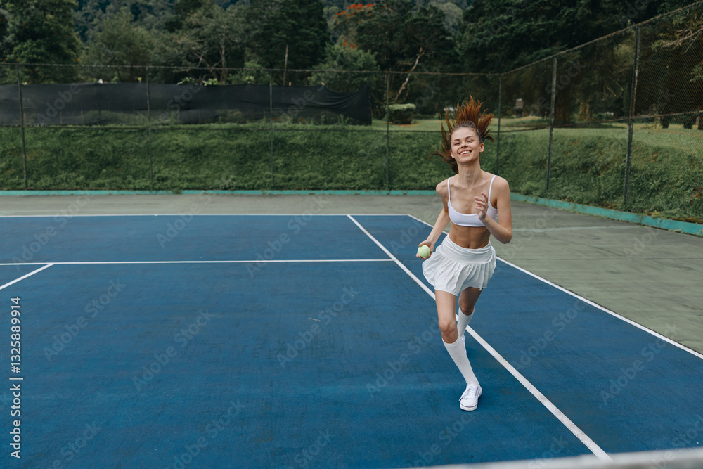 Obraz premium Young woman playing tennis, smiling with joy on a sunny day, wearing a sporty outfit in white, on a vibrant green court with a clear blue sky background