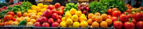 Colorful display of seasonal fruits and vegetables at Spanish market, nutritious, fresh