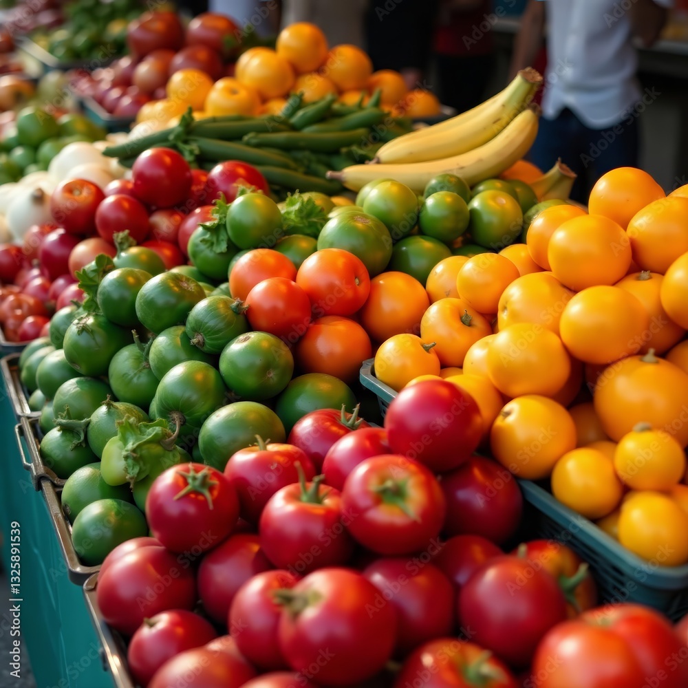 Colorful display of fresh fruits and vegetables at an outdoor market stall, healthy, produce Colorful display of fresh fruits and vegetables at an outdoor market stall, healthy, produce