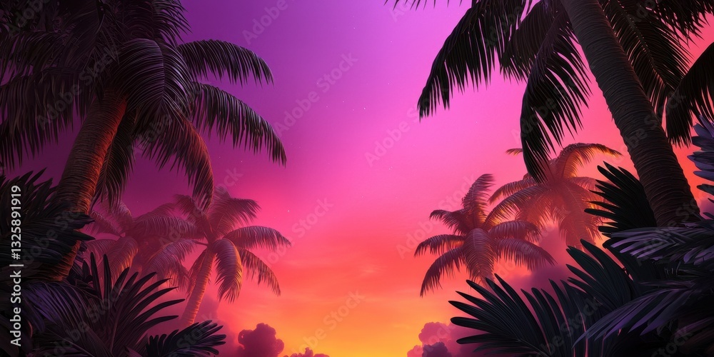 A vibrant sunset framed by silhouetted palm trees, creating a tropical and serene atmosphere. A vibrant sunset framed by silhouetted palm trees, creating a tropical and serene atmosphere.