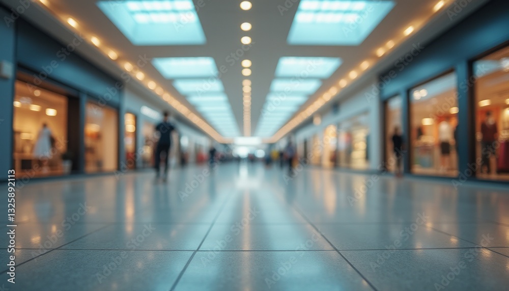 Fototapeta premium A bustling shopping mall corridor is captured from a low angle, showcasing shoppers moving in various directions. The bright overhead lights and stylish storefronts create an inviting atmosphere