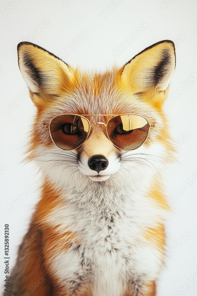 Fototapeta premium Fox wearing sunglasses stylish portrait in studio on white background trendy pet animal fashion playful adorable creature cool summer vibes fun.