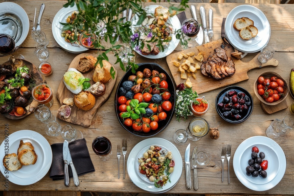 Charming rustic wooden table beautifully set with Mediterranean-inspired dishes and vibrant colors. Charming rustic wooden table beautifully set with Mediterranean-inspired dishes and vibrant colors.