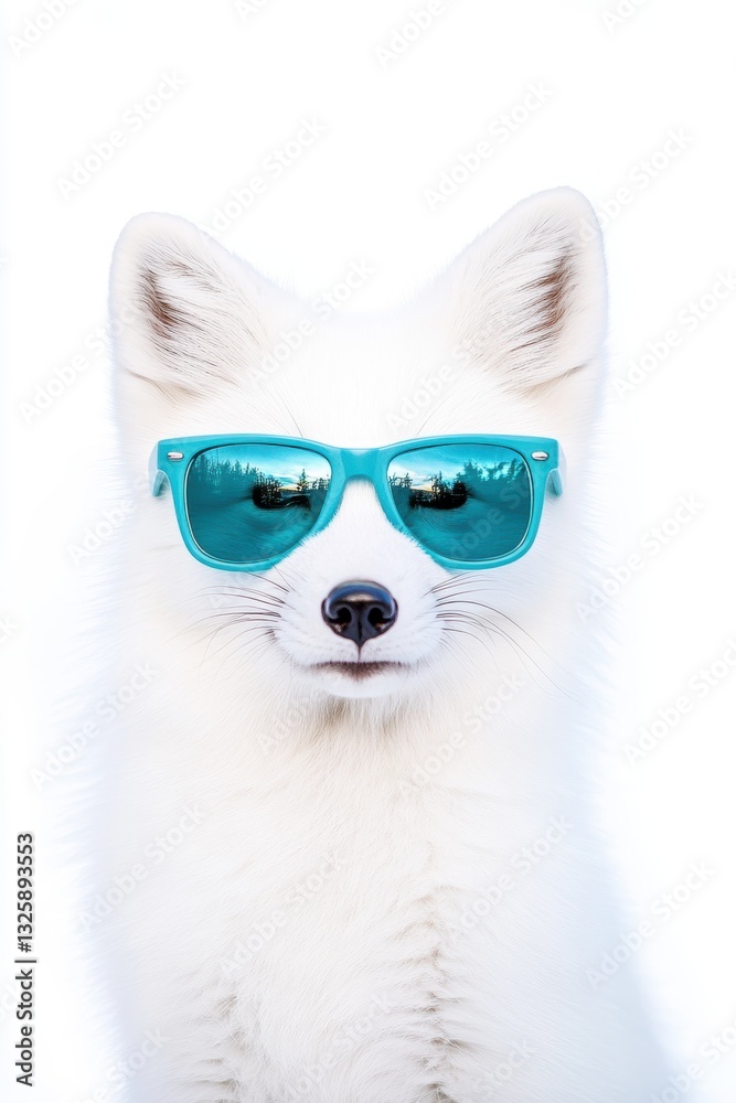 Obraz premium Fox wearing sunglasses in bright sunlight, cool wildlife animal portrait, trendy pet fashion, summer vibes, modern animal photography, stylish Arctic fox.