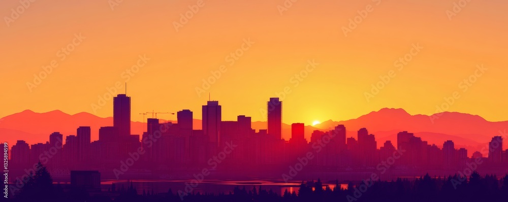 Fototapeta premium A city skyline silhouette sits beneath a colorful sunset horizon