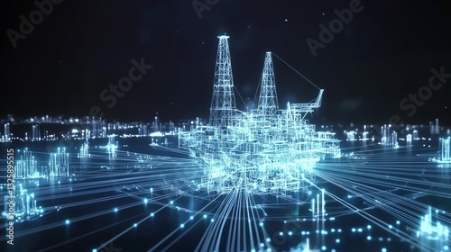 Digital Oil Rig Platform with City Network in Futuristic Illustration