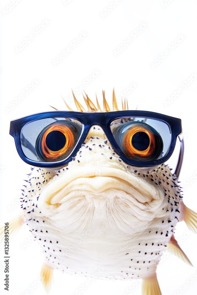 Fototapeta premium Fish wearing sunglasses with a quirky expression posing for a fun underwater adventure concept in a vibrant aquatic setting with playful marine life.