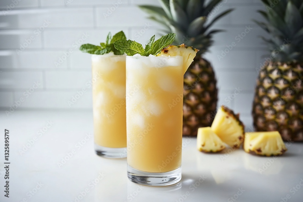 Two refreshing pineapple cocktails garnished with mint, served in tall glasses with fresh pineapple slices. Two refreshing pineapple cocktails garnished with mint, served in tall glasses with fresh pineapple slices.