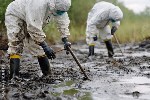 Oil spill cleanup by workers in protective suits