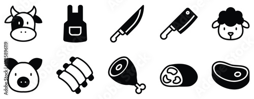 Butcher Icon Set Solid Style Collection A modern set of solid-style butcher icons perfect for menus packaging and meat industry branding.