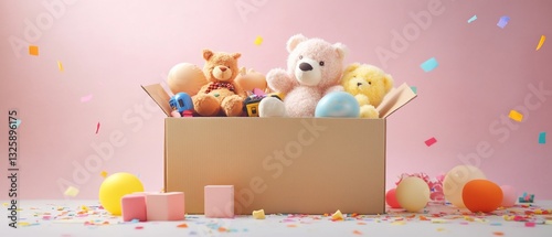 Cardboard box overflowing with stuffed toys, surrounded by balloons and confetti. photo