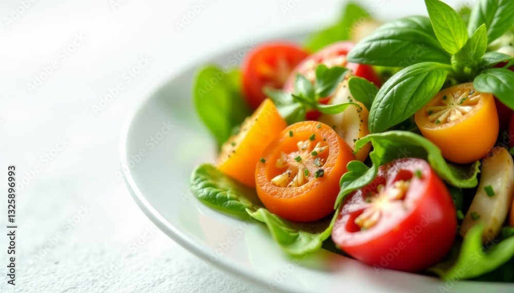 Close-up shot of a colorful garden salad with fresh vegetables on a white background, raw, healthy Close-up shot of a colorful garden salad with fresh vegetables on a white background, raw, healthy