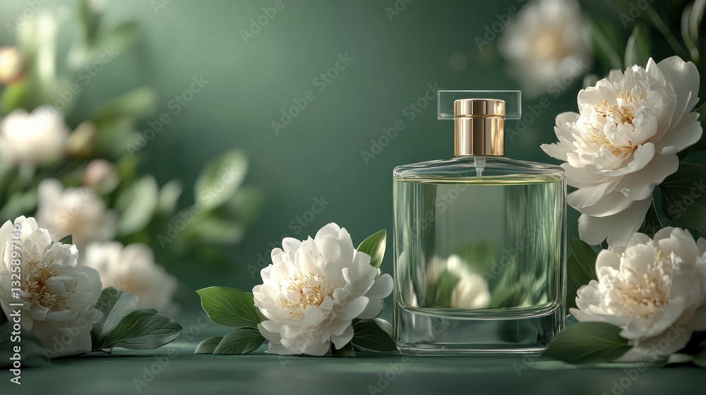Elegant perfume bottle surrounded by white peonies on a dark green background. Elegant perfume bottle surrounded by white peonies on a dark green background.
