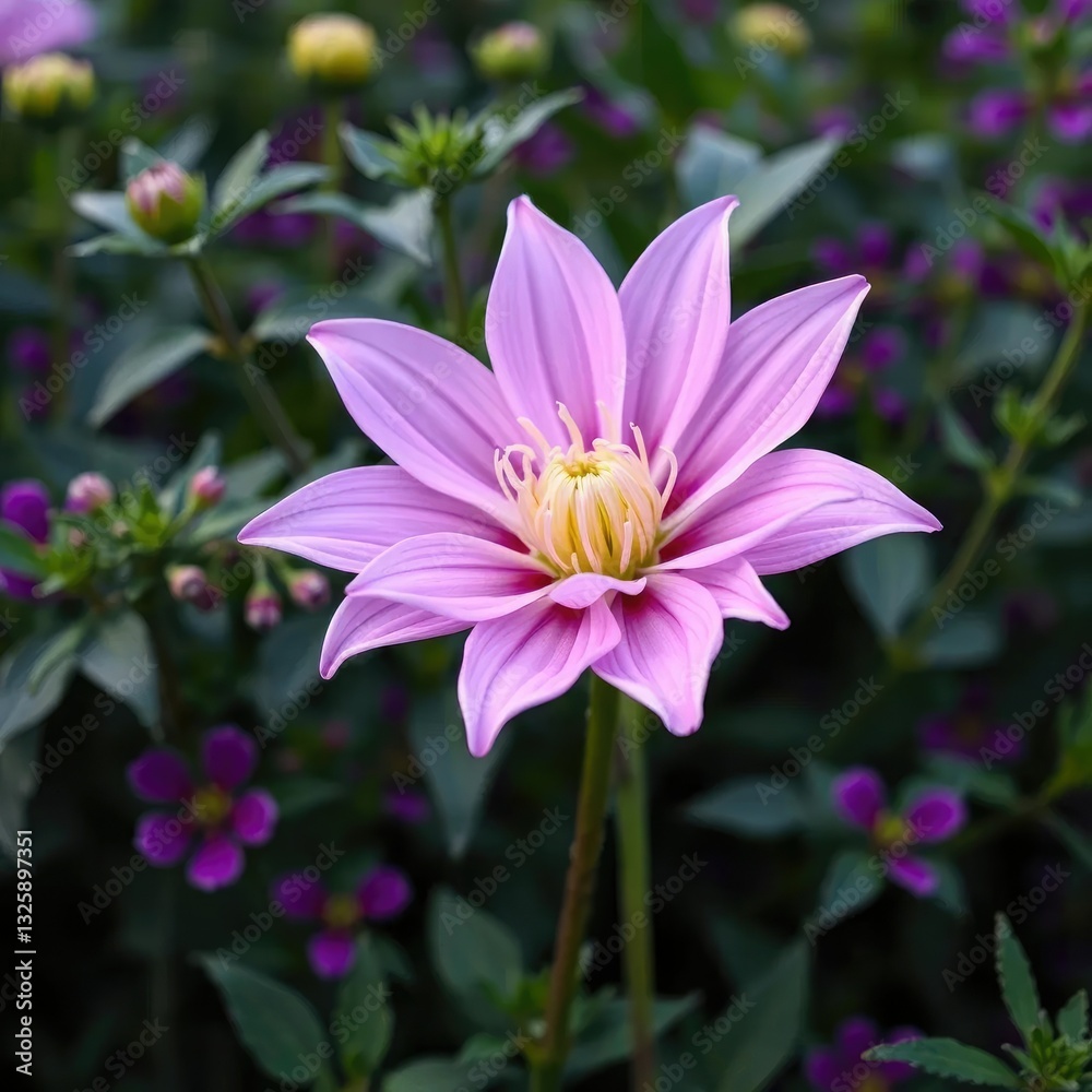 Delicate petals of a dahlia unfurl from a slender stem amidst lush green foliage soft purple hue, flower, colors Delicate petals of a dahlia unfurl from a slender stem amidst lush green foliage soft purple hue, flower, colors