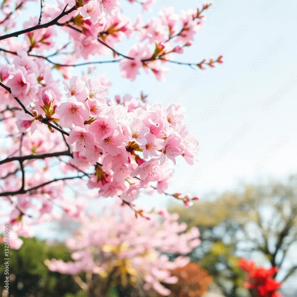 Delicate pink petals unfold on a serene white background, sakura tree, garden, trees Delicate pink petals unfold on a serene white background, sakura tree, garden, trees