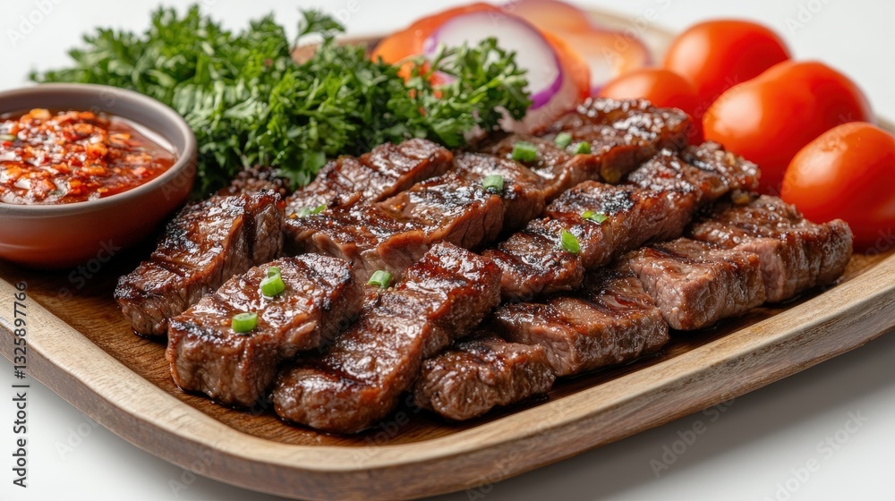 Succulent, medium-rare steak slices rest elegantly on a wooden platter, glistening with rich juices beneath a robust crust. Each slice reveals a tender, dark brown interior inviting indulgence Succulent, medium-rare steak slices rest elegantly on a wooden platter, glistening with rich juices beneath a robust crust. Each slice reveals a tender, dark brown interior inviting indulgence