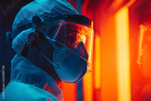 Technician wearing protective gear conducting quality inspections in a medical manufacturing facility