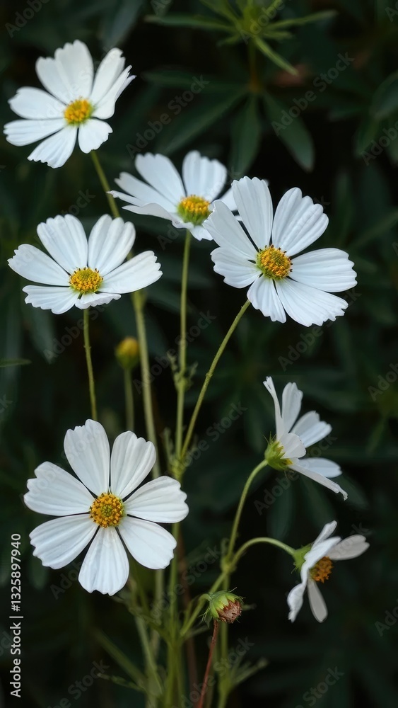Fototapeta premium delicate white cosmos flower stems against a dark green leafy backdrop, cosmos, botanical, stem