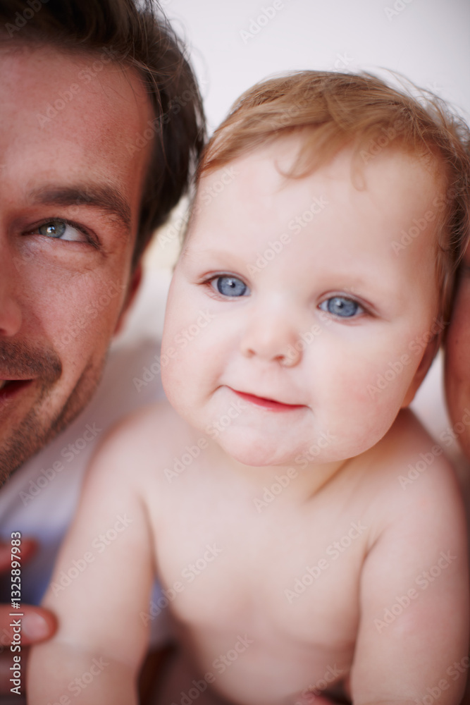 Love, dad and happy with baby in home for relationship, connection and bonding with support. Family, people and man with infant for protection, security and morning routine with trust, safety or care Love, dad and happy with baby in home for relationship, connection and bonding with support. Family, people and man with infant for protection, security and morning routine with trust, safety or care