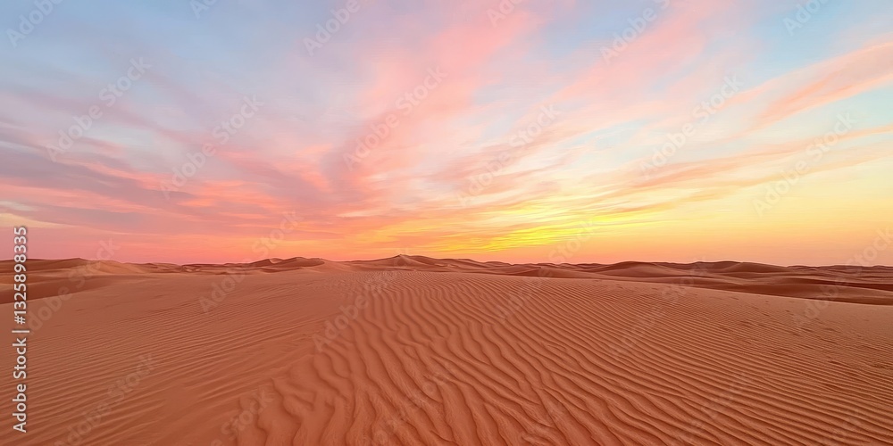 Naklejka premium A serene desert landscape at sunset, featuring soft sand dunes and vibrant, colorful skies blending hues of pink and orange.