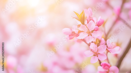 Pink spring flowers background with copy space. Delicate floral backdrop for design, greeting cards, or seasonal projects.