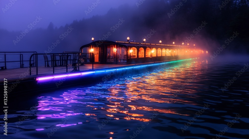 Fototapeta premium Illuminated Riverboat at Night Misty Lake Neon Lights Calm Water