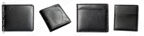 Male black genuine leather wallet isolated on transparent background, PNG, Set of