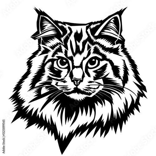 Vector illustration of a Siberian cat's head. Bold black and white line ar