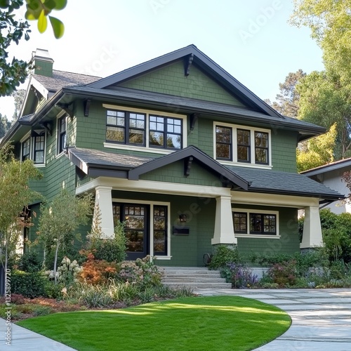 Elegant Craftsman Home with Green Siding, Manicured Lawn, and Lush Garden Landscape on a Sunny Day 