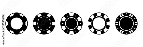 Poker chips icons vector set. Casino poker chip symbol. Gamble graphic elements collection. Gambling coins, tokens with card signs, poker chips.