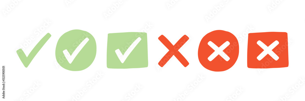 Fototapeta premium Green Checkmark Red Cross Symbol Handdrawn Set