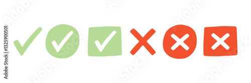 Green Checkmark Red Cross Symbol Handdrawn Set
