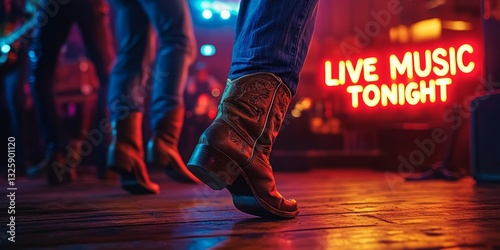 Cowboys dancing with boots on a wooden stage with live music tonight sign