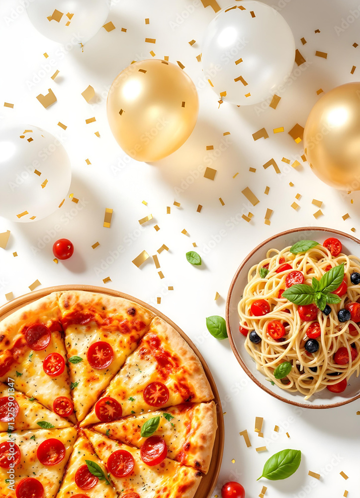 Celebration with gold confetti and balloons featuring Italian cuisine pizza bufala and pasta top view