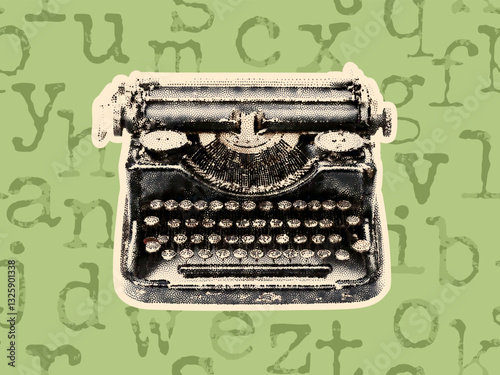 Vintage typewriter with retro halftone stipple effect and background of typed letters. Seamlessly tileable patten. An AI image of a a typewriter was used as input.