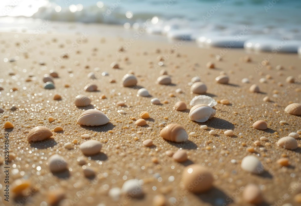 Sparkling sunlit seashells closeup on bright sandy beach. Inviting coastal scene, warm summer vacation, relaxing seashore. Ideal for travel holiday and nautical themes. Sparkling sunlit seashells closeup on bright sandy beach. Inviting coastal scene, warm summer vacation, relaxing seashore. Ideal for travel holiday and nautical themes.