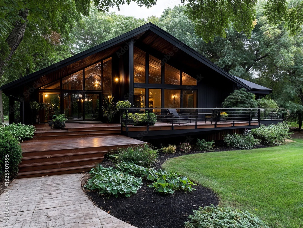 Fototapeta premium A house with a walkway leading to the front door and a deck
