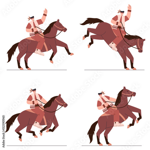 Horse riding freestyle Native American Tribe Navajo man male character ride horseback traditional outfit headdress outdoor sport tribal culture icon design set collection illustration
