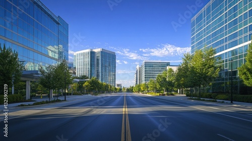 Empty city street lined with modern glass office buildings under a clear blue sky.