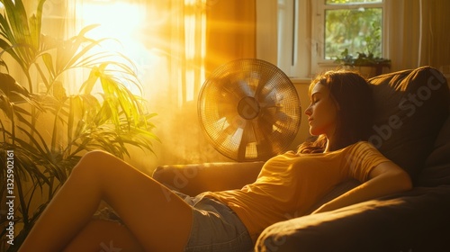 Relaxed woman in armchair, sunlight, fan, home photo