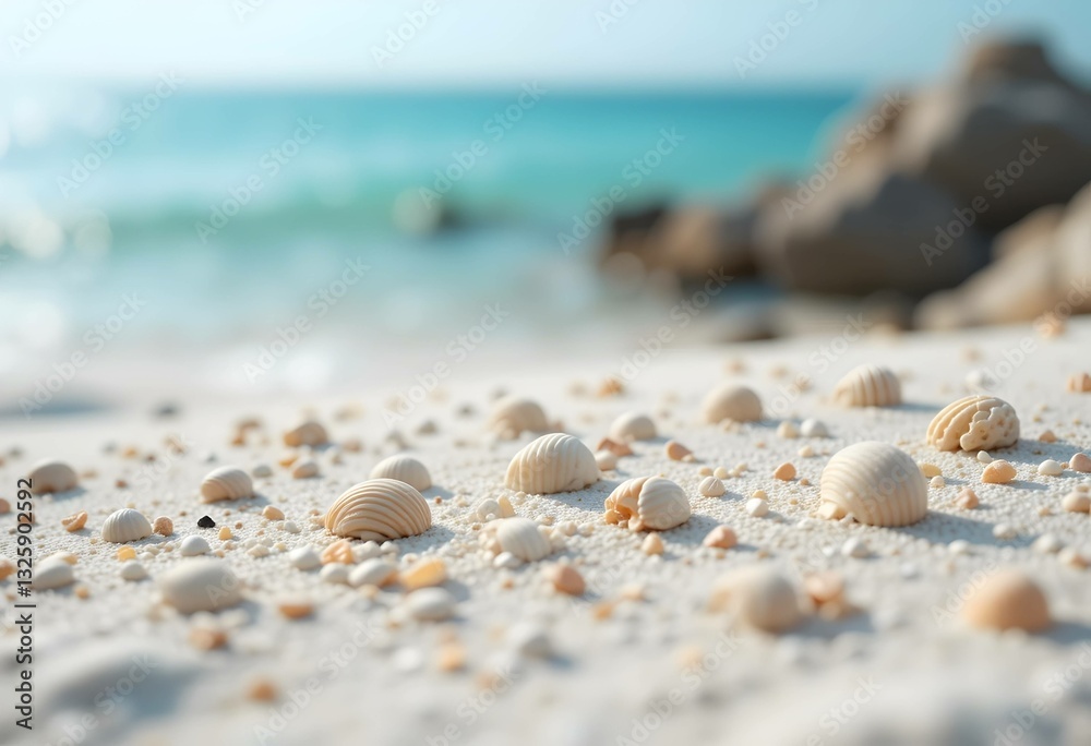 Macro shot of small seashells scattered on white sand, copyspace with blurred blue ocean and rocks in the background. Perfect for beach, summer and coastal themes. Macro shot of small seashells scattered on white sand, copyspace with blurred blue ocean and rocks in the background. Perfect for beach, summer and coastal themes.