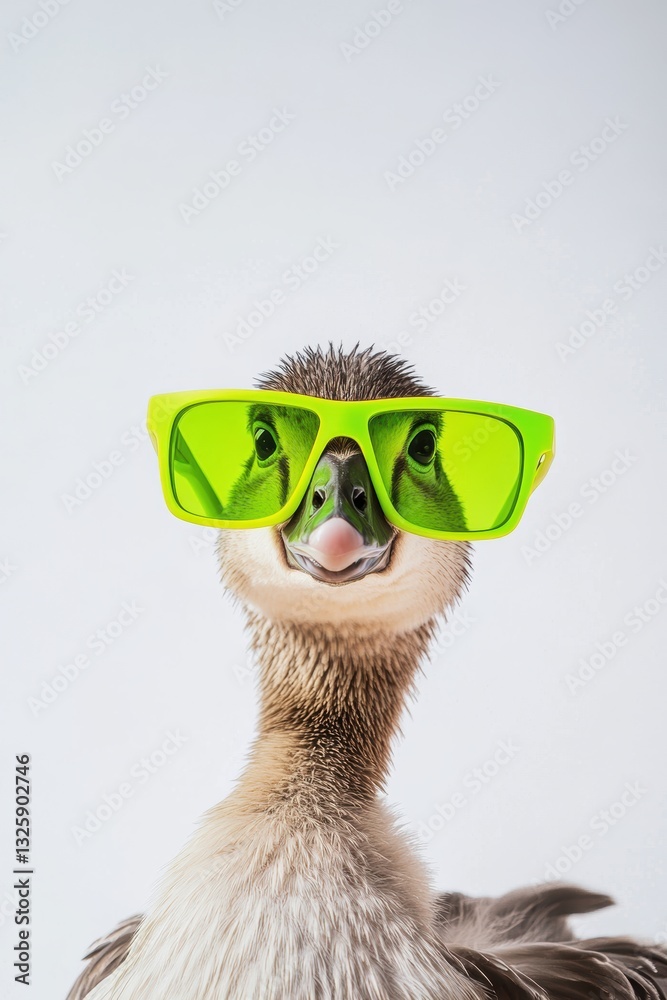 Fototapeta premium Duck wearing bright green sunglasses with playful expression isolated on white background, quirky pet fashion, animal personality, fun costume accessories.