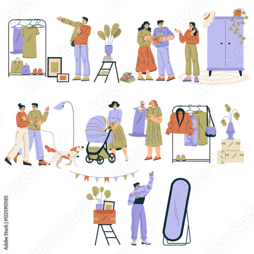 Weekend Market with Man and Woman Buy Goods Vector Set