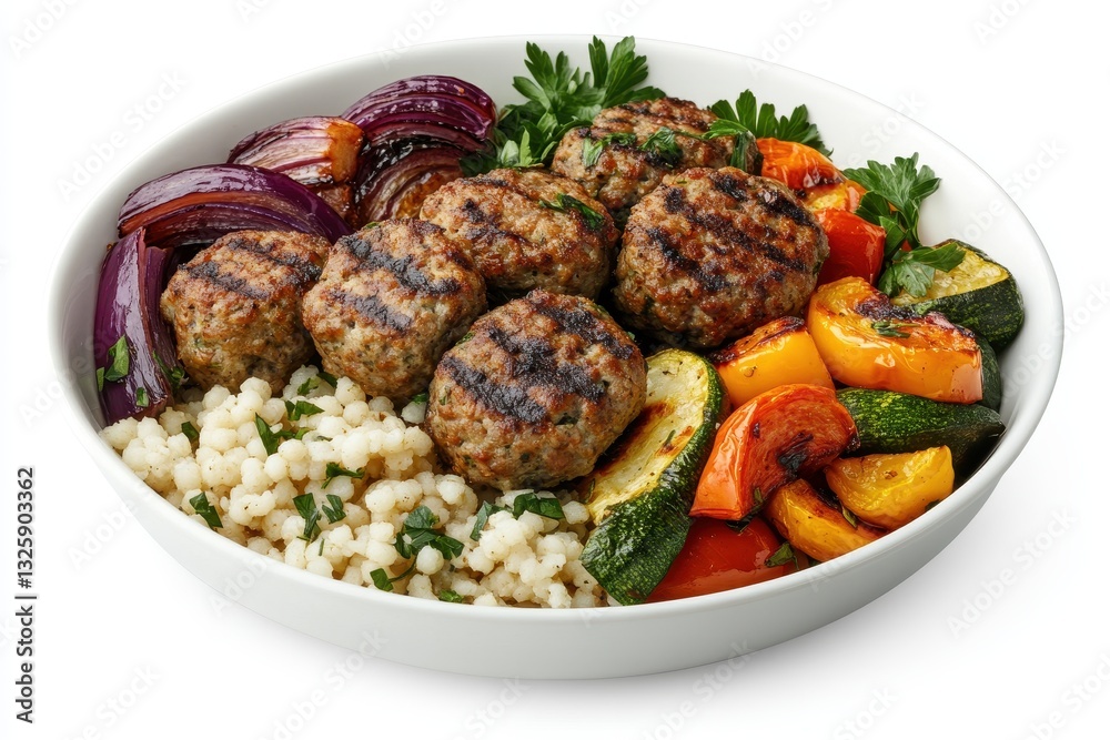 Grilled Meatballs with Colorful Vegetables and Couscous in a White Bowl Grilled Meatballs with Colorful Vegetables and Couscous in a White Bowl