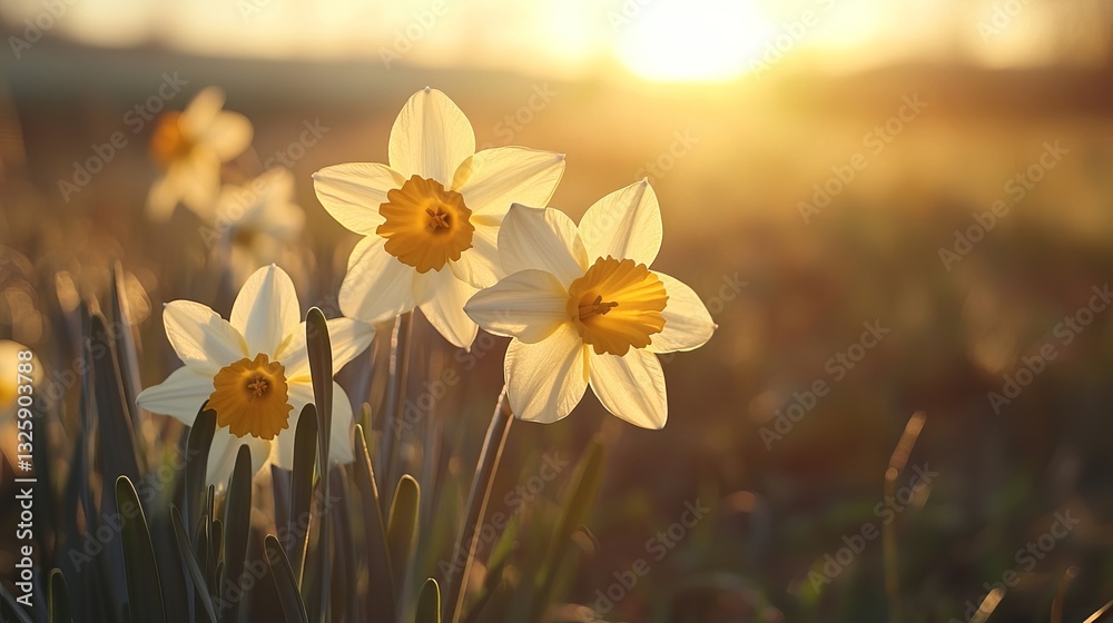 Obraz premium Golden daffodil flowers blooming in sunny meadow field during spring season
