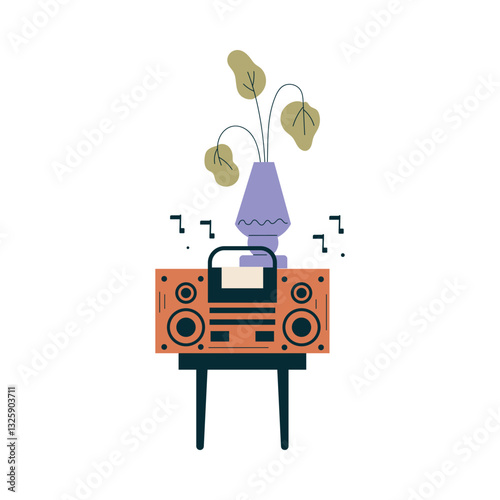 Tape Recorder Play Music Melody Stand on Stool Vector Illustration