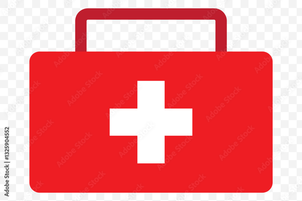 Obraz premium Illustration of a Simple First Aid Kit. White Medical Box with a Prominent Cross Symbol on the Front, Featuring Minimalist Design and Clean Lines for Healthcare and Emergency Use. Vector Logo Icon Png